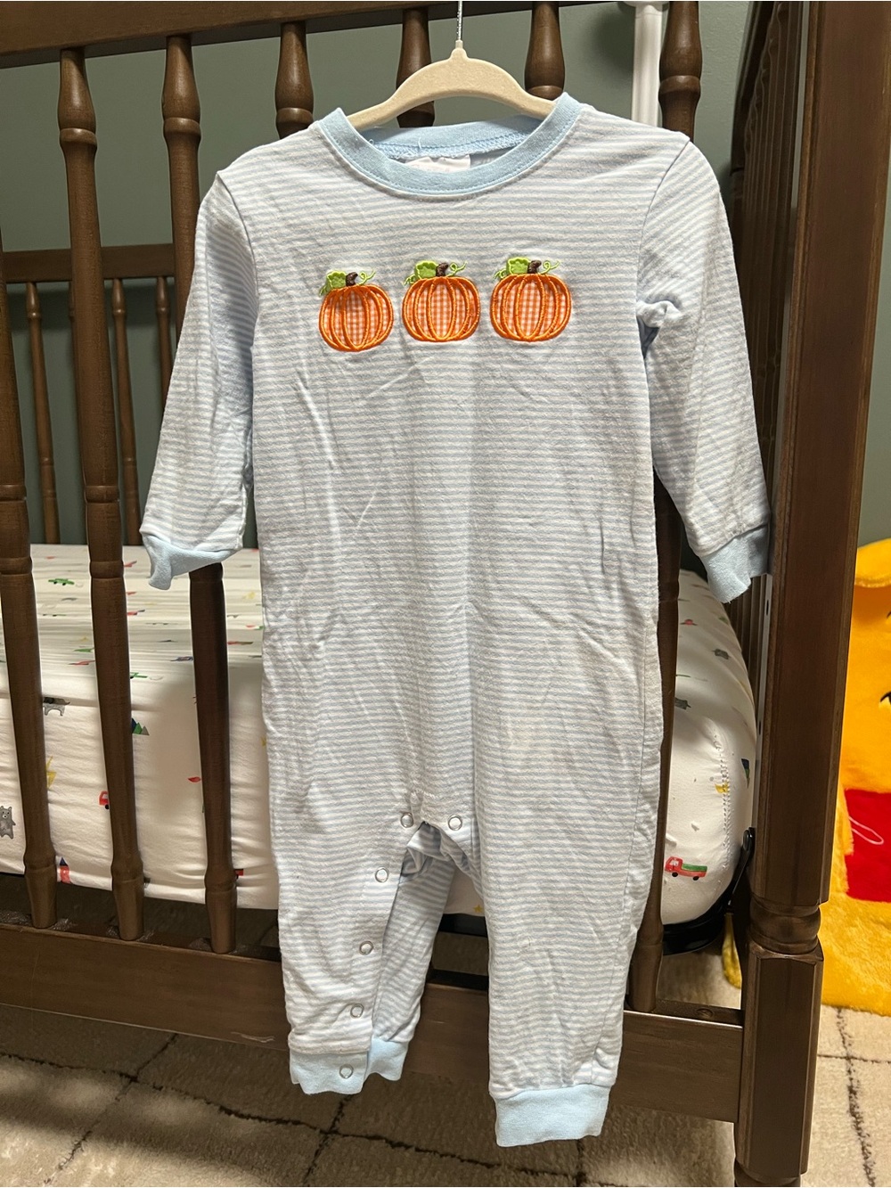 Light Blue Striped Pumpkin Applique Footed One-Piece